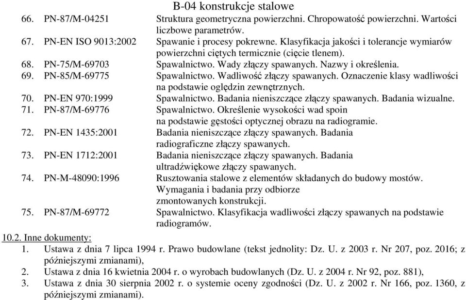 Wadliwość złączy spawanych. Oznaczenie klasy wadliwości na podstawie oględzin zewnętrznych. 70. PN-EN 970:1999 Spawalnictwo. Badania nieniszczące złączy spawanych. Badania wizualne. 71.