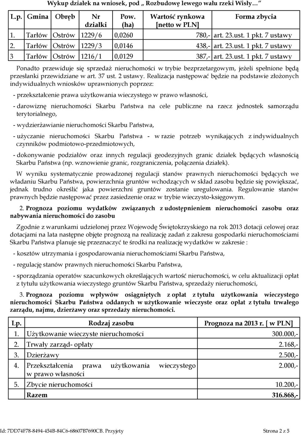 7 ustawy 3 Tarłów Ostrów 1216/1 0,0129 387,- art. 23.ust. 1 pkt. 7 ustawy Ponadto przewiduje się sprzedaż nieruchomości w trybie bezprzetargowym, jeżeli spełnione będą przesłanki przewidziane w art.