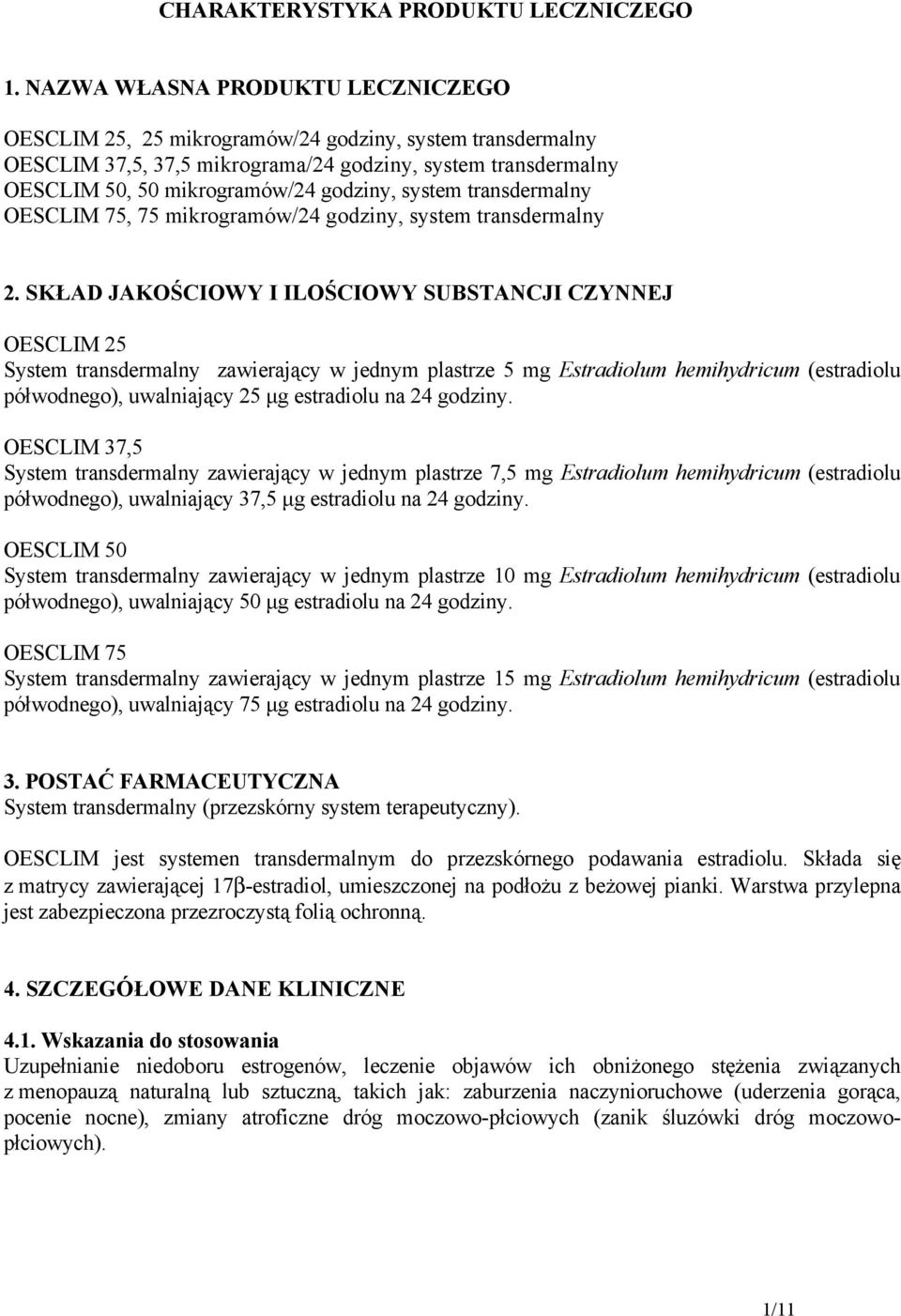 system transdermalny OESCLIM 75, 75 mikrogramów/24 godziny, system transdermalny 2.
