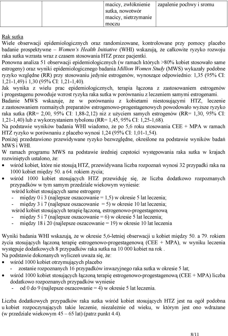 Ponowna analiza 51 obserwacji epidemiologicznych (w ramach których >80% kobiet stosowało same estrogeny) oraz wyniki epidemiologicznego badania Million Women Study (MWS) wykazały podobne ryzyko