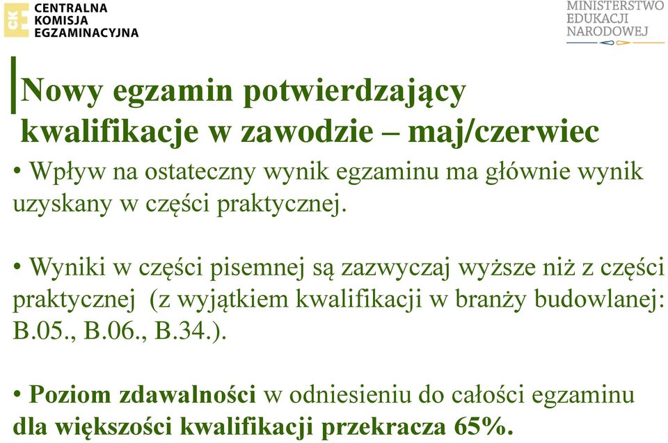 Wyniki w części pisemnej są zazwyczaj wyższe niż z części praktycznej (z wyjątkiem