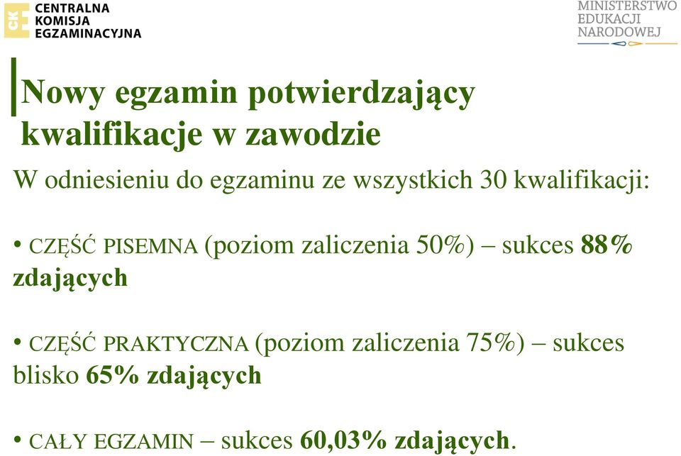 50%) sukces 88% zdających CZĘŚĆ PRAKTYCZNA (poziom zaliczenia