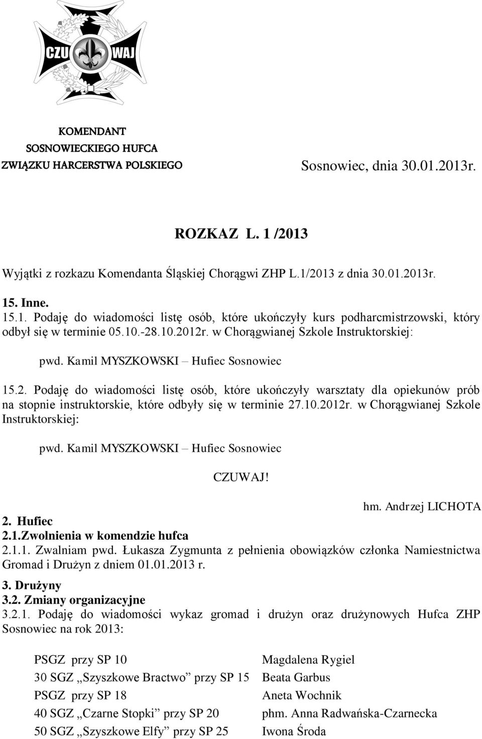 10.2012r. w Chorągwianej Szkole Instruktorskiej: pwd. Kamil MYSZKOWSKI Hufiec Sosnowiec CZUWAJ! hm. Andrzej LICHOTA 2. Hufiec 2.1.Zwolnienia w komendzie hufca 2.1.1. Zwalniam pwd.