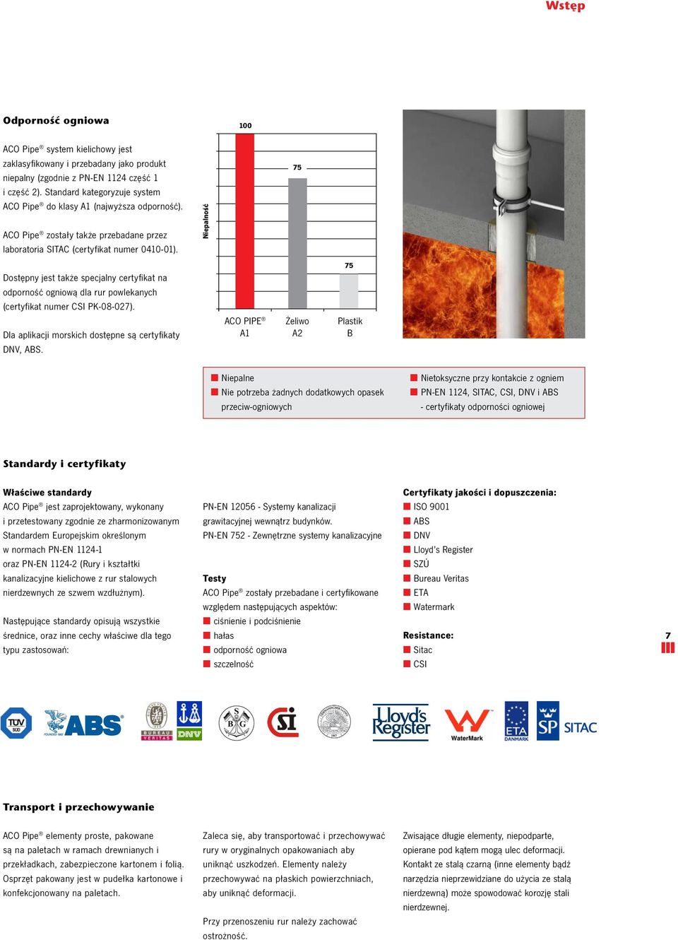 Nieplność 75 ostępny jest tkże specjlny certyfikt n odporność ogniową dl rur powleknych (certyfikt numer CSI PK08027). l plikcji morskich dostępne są certyfikty NV, ABS.