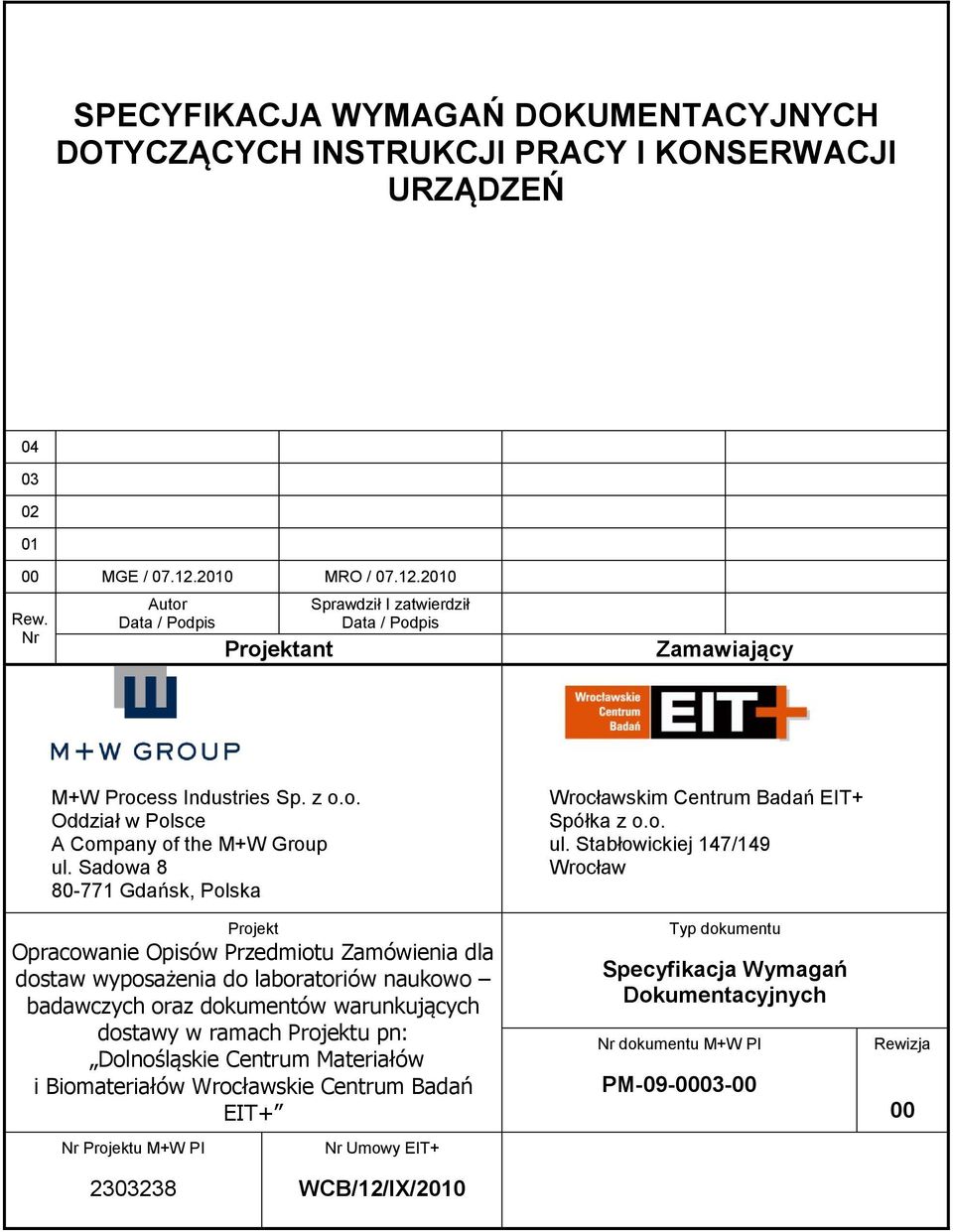 Sadowa 8 80-771 Gdańsk, Polska Projekt Opracowanie Opisów Przedmiotu Zamówienia dla dostaw wyposażenia do laboratoriów naukowo badawczych oraz dokumentów warunkujących dostawy w ramach Projektu pn: