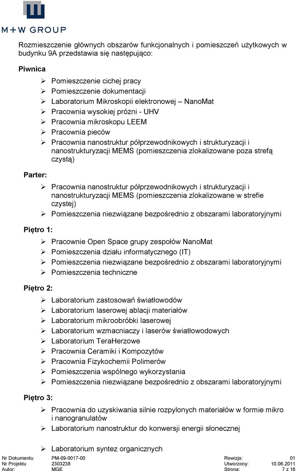 strukturyzacji i nanostrukturyzacji MEMS (pomieszczenia zlokalizowane poza strefą czystą) Pracownia nanostruktur półprzewodnikowych i strukturyzacji i nanostrukturyzacji MEMS (pomieszczenia