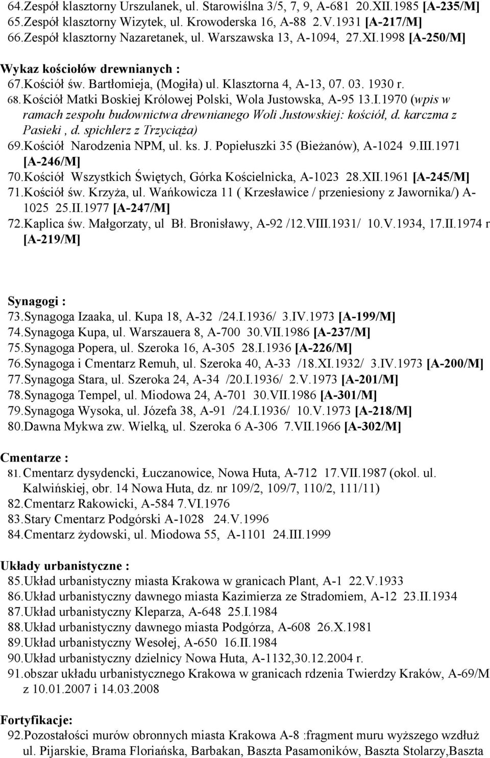 Kościół Matki Boskiej Królowej Polski, Wola Justowska, A-95 13.I.1970 (wpis w ramach zespołu budownictwa drewnianego Woli Justowskiej: kościół, d. karczma z Pasieki, d. spichlerz z Trzyciąża) 69.