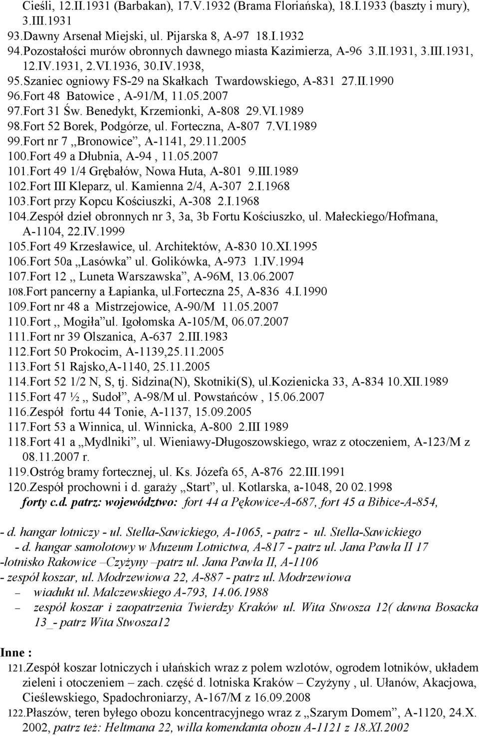 Fort 48 Batowice, A-91/M, 11.05.2007 97.Fort 31 Św. Benedykt, Krzemionki, A-808 29.VI.1989 98.Fort 52 Borek, Podgórze, ul. Forteczna, A-807 7.VI.1989 99.Fort nr 7,,Bronowice, A-1141, 29.11.2005 100.
