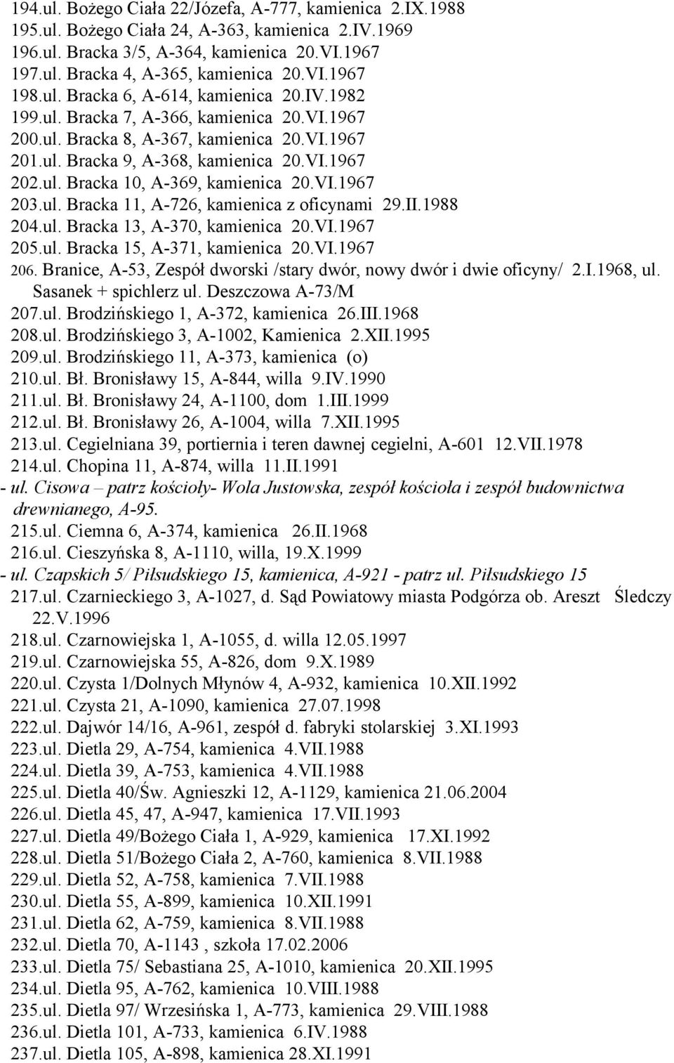 VI.1967 203.ul. Bracka 11, A-726, kamienica z oficynami 29.II.1988 204.ul. Bracka 13, A-370, kamienica 20.VI.1967 205.ul. Bracka 15, A-371, kamienica 20.VI.1967 206.