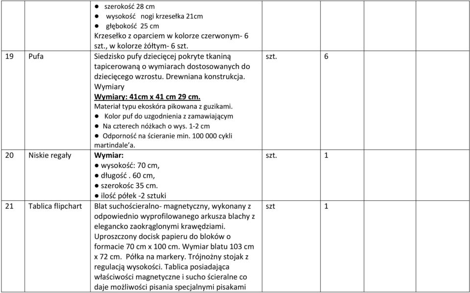 Materiał typu ekoskóra pikowana z guzikami. Kolor puf do uzgodnienia z zamawiającym Na czterech nóżkach o wys. 1-2 cm Odporność na ścieranie min. 100 000 cykli martindale a.