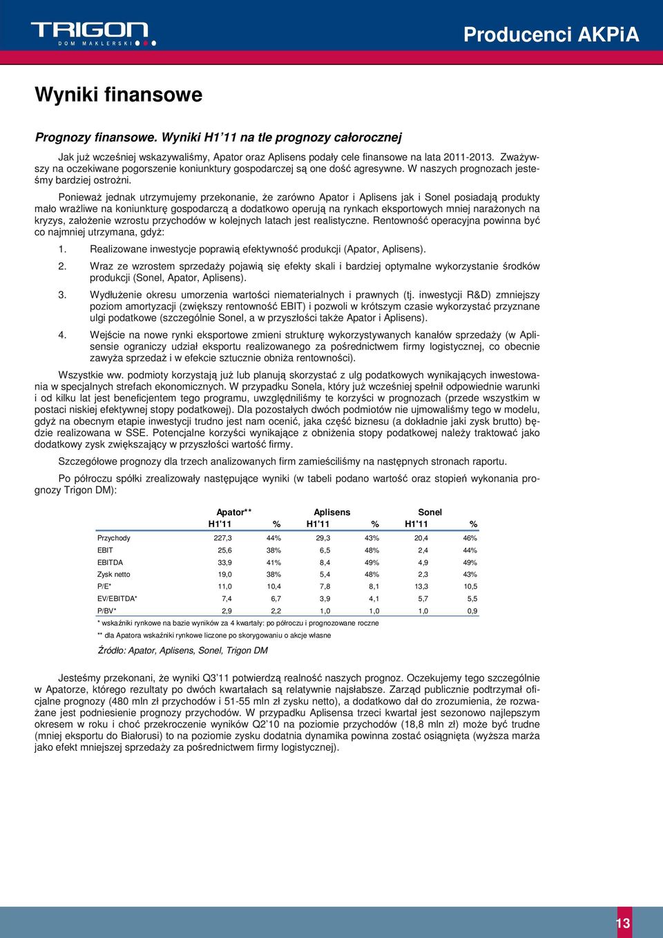 Ponieważ jednak utrzymujemy przekonanie, że zarówno Apator i Aplisens jak i Sonel posiadają produkty mało wrażliwe na koniunkturę gospodarczą a dodatkowo operują na rynkach eksportowych mniej