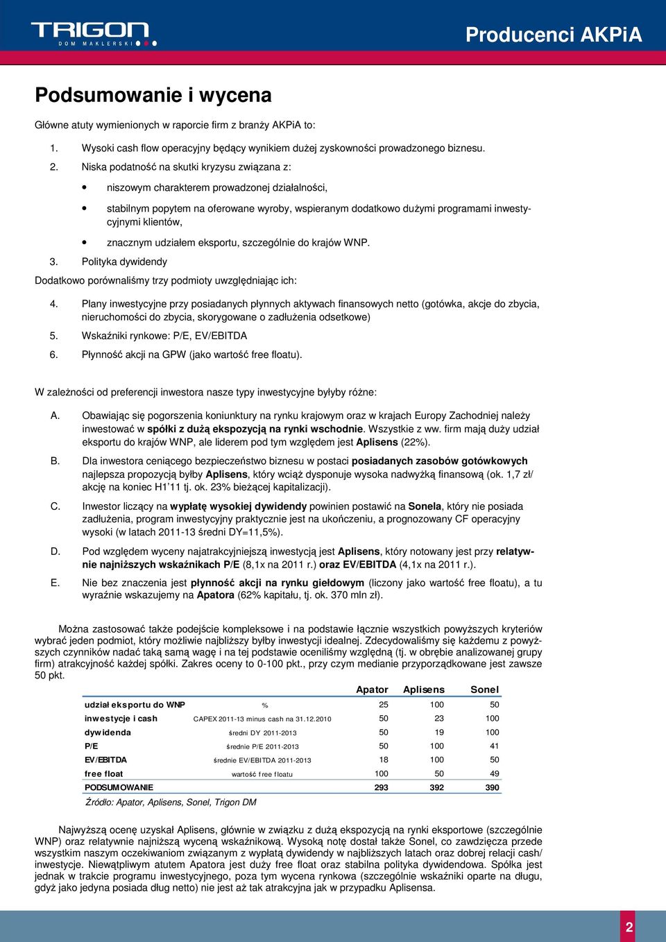 znacznym udziałem eksportu, szczególnie do krajów WNP.. Polityka dywidendy Dodatkowo porównaliśmy trzy podmioty uwzględniając ich: 4.