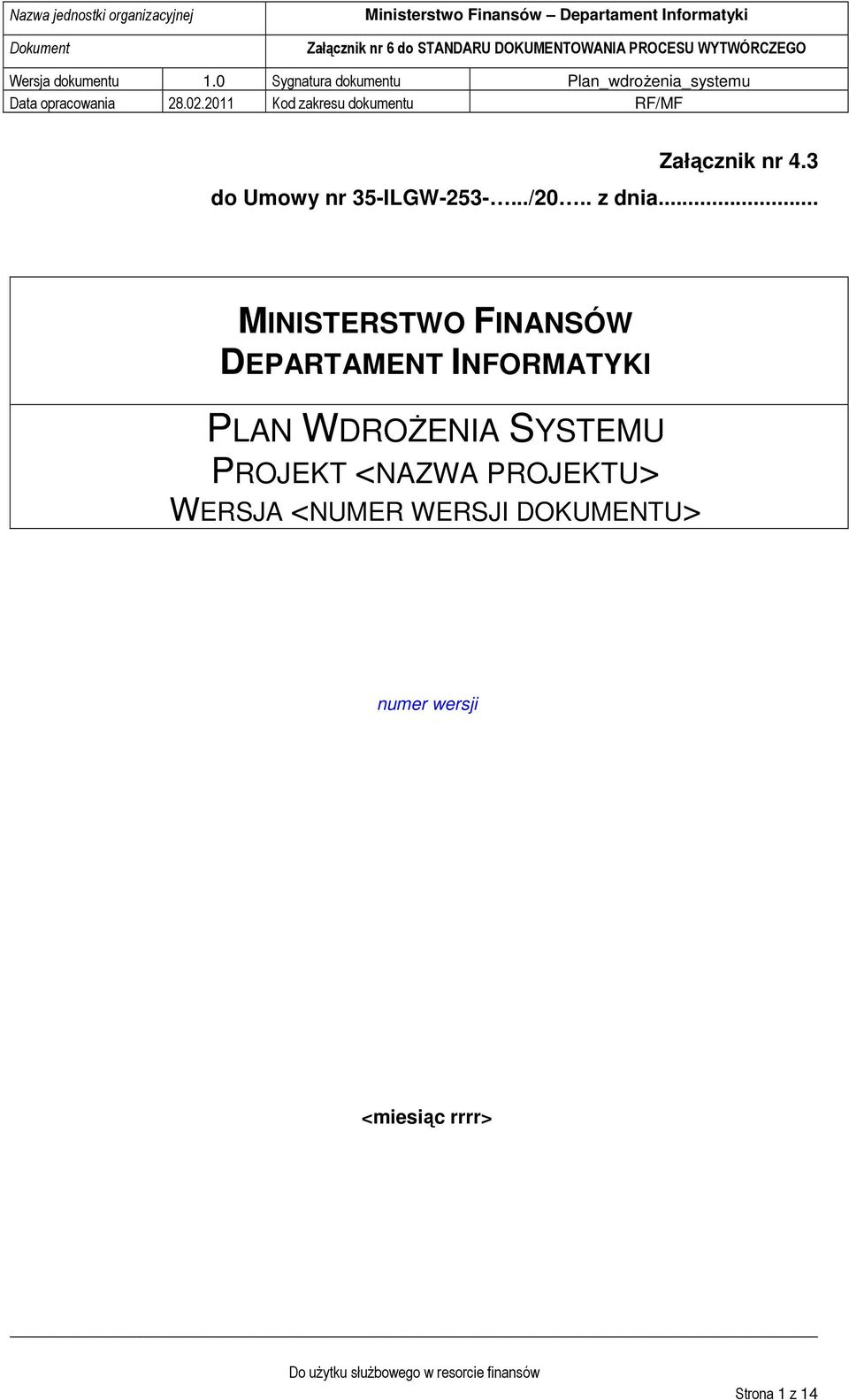 WDROśENIA SYSTEMU PROJEKT <NAZWA PROJEKTU> WERSJA <NUMER