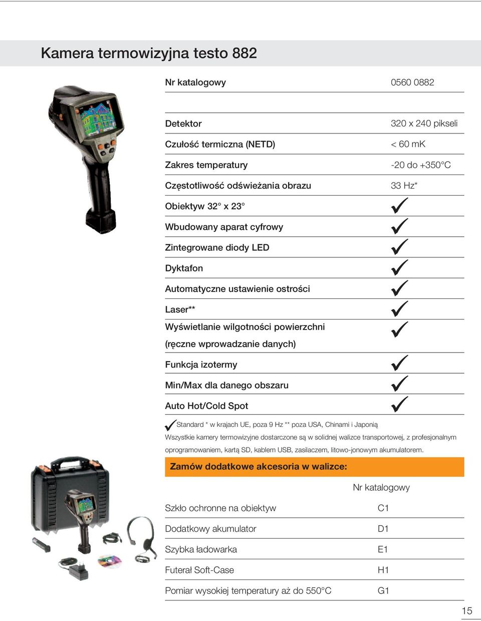 danego obszaru Auto Hot/Cold Spot Standard * w krajach UE, poza 9 Hz ** poza USA, Chinami i Japonią Wszystkie kamery termowizyjne dostarczone są w solidnej walizce transportowej, z profesjonalnym