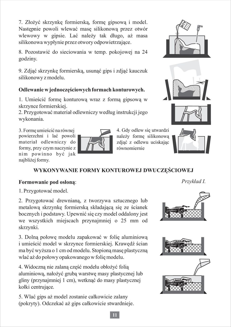 Zdj¹æ skrzynkê formiersk¹, usun¹æ gips i zdj¹æ kauczuk silikonowy z modelu. Odlewanie w jednoczêœciowych formach konturowych.. Umieœciæ formê konturow¹ wraz z form¹ gipsow¹ w skrzynce formierskiej.