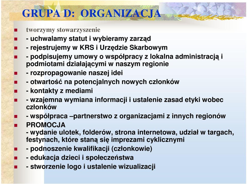 informacji i ustalenie zasad etyki wobec członków - współpraca partnerstwo z organizacjami z innych regionów PROMOCJA - wydanie ulotek, folderów, strona internetowa, udział