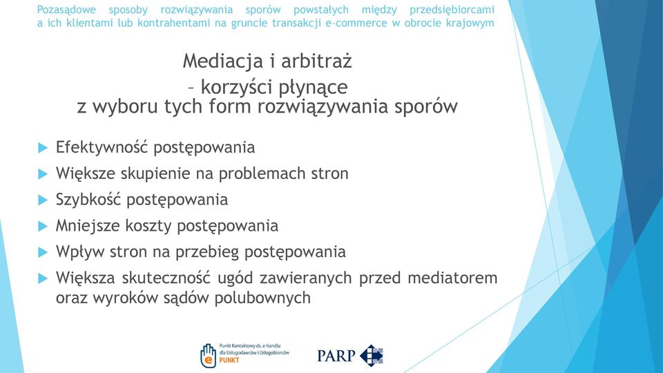 postępowania Mniejsze koszty postępowania Wpływ stron na przebieg