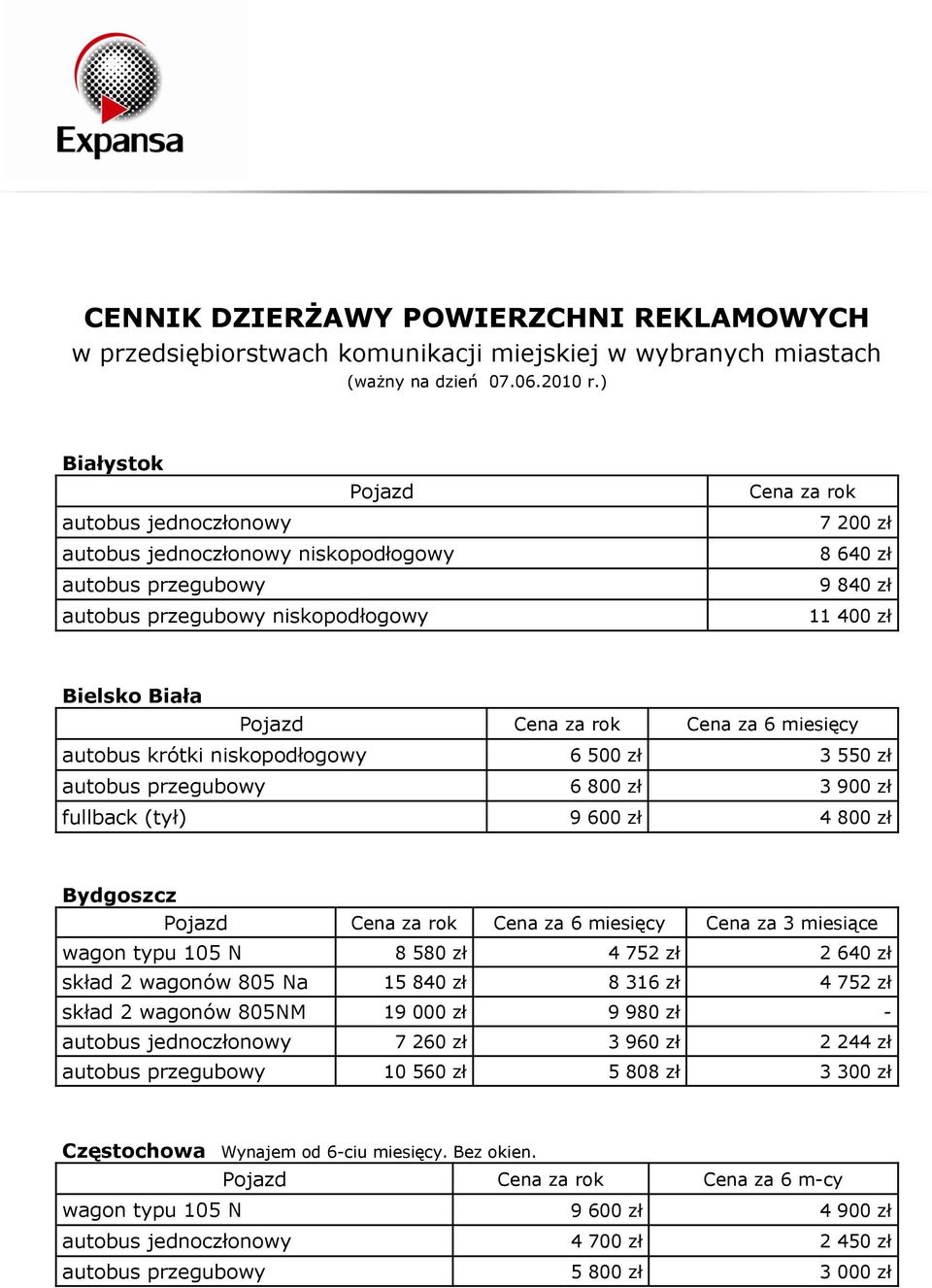 autobus przegubowy 6 800 zł 3 900 zł fullback (tył) 9 600 zł 4 800 zł Bydgoszcz Cena za 6 miesięcy Cena za 3 miesiące wagon typu 105 N 8 580 zł 4 752 zł 2 640 zł skład 2 wagonów 805 Na 15 840 zł 8