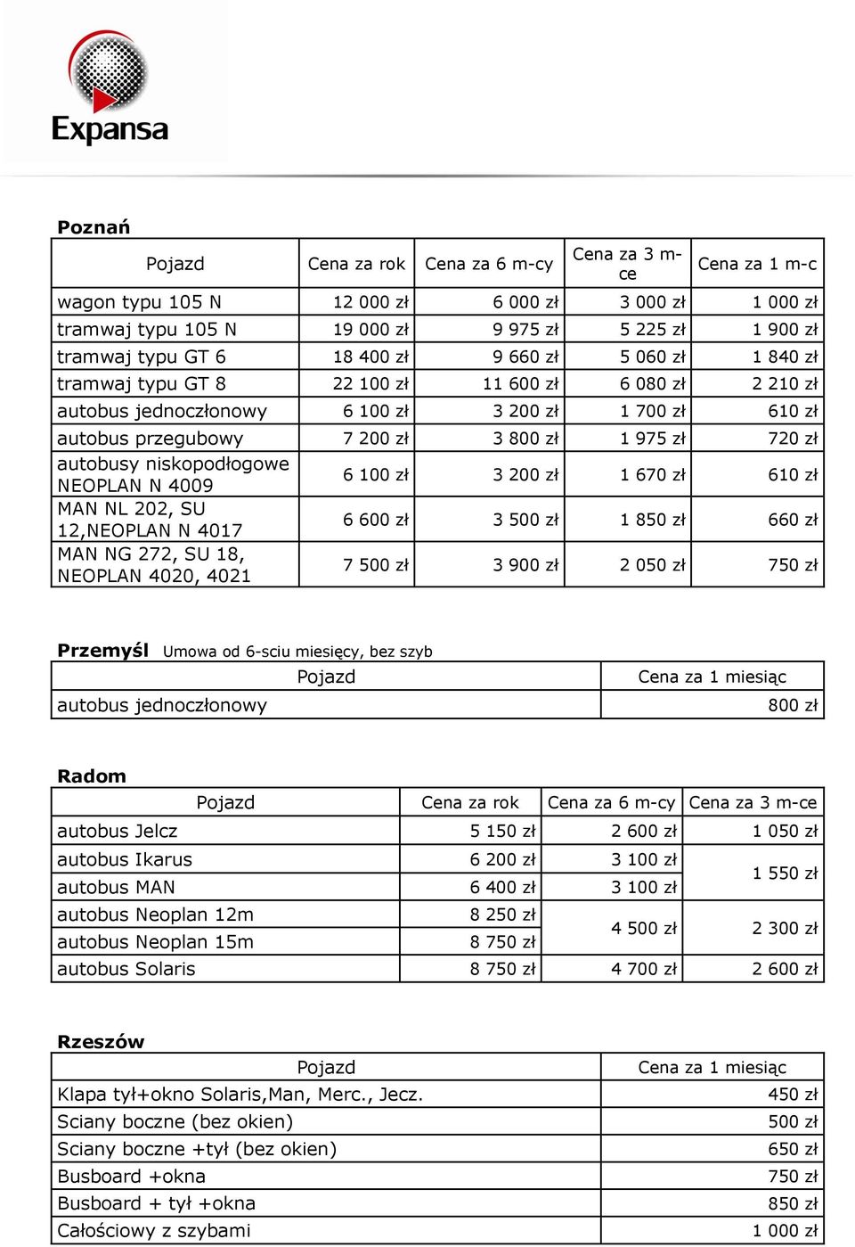 6 100 zł 3 200 zł 1 670 zł 610 zł MAN NL 202, SU 12,NEOPLAN N 4017 6 600 zł 3 500 zł 1 850 zł 660 zł MAN NG 272, SU 18, NEOPLAN 4020, 4021 7 500 zł 3 900 zł 2 050 zł 750 zł Przemyśl Umowa od 6-sciu