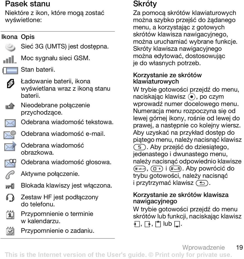 Odebrana wiadomość głosowa. Aktywne połączenie. Blokada klawiszy jest włączona. Zestaw HF jest podłączony do telefonu. Przypomnienie o terminie w kalendarzu. Przypomnienie o zadaniu.