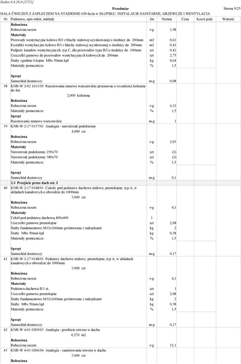 zgrubne 6-kątne M8x 50mm kpl kg 0,64 pomocnicze % 1,5 Samochód dostawczy m-g 0,08 38 KNR-W 2-02 1611/05 Rusztowania ramowe warszawskie przesuwne o wysokości kolumny do 4m 2,000 kolumnę razem r-g 4,12