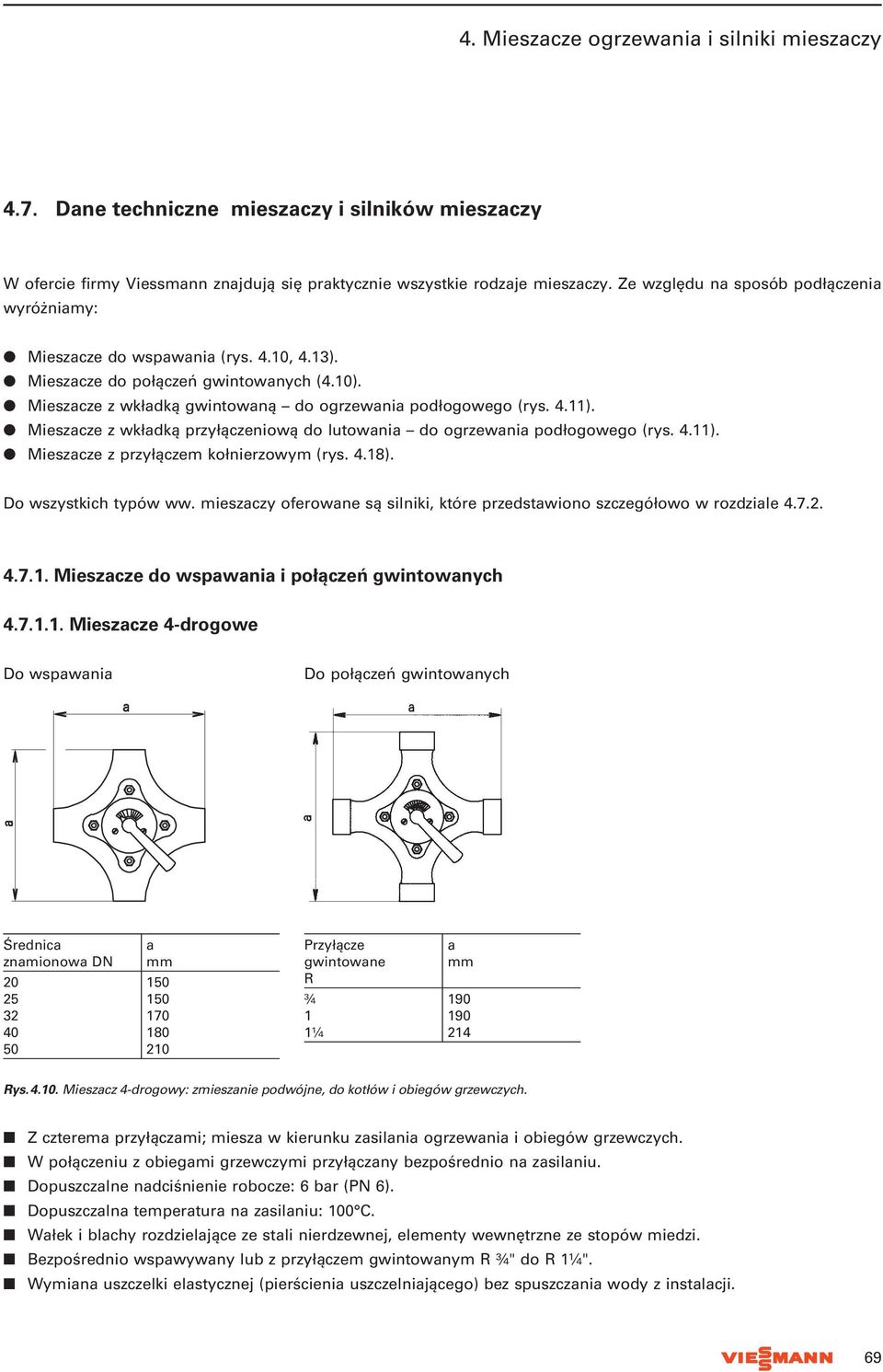 Mieszacze z wkładką przyłączeniową do lutowania do ogrzewania podłogowego (rys. 4.11). Mieszacze z przyłączem kołnierzowym (rys. 4.18). Do wszystkich typów ww.