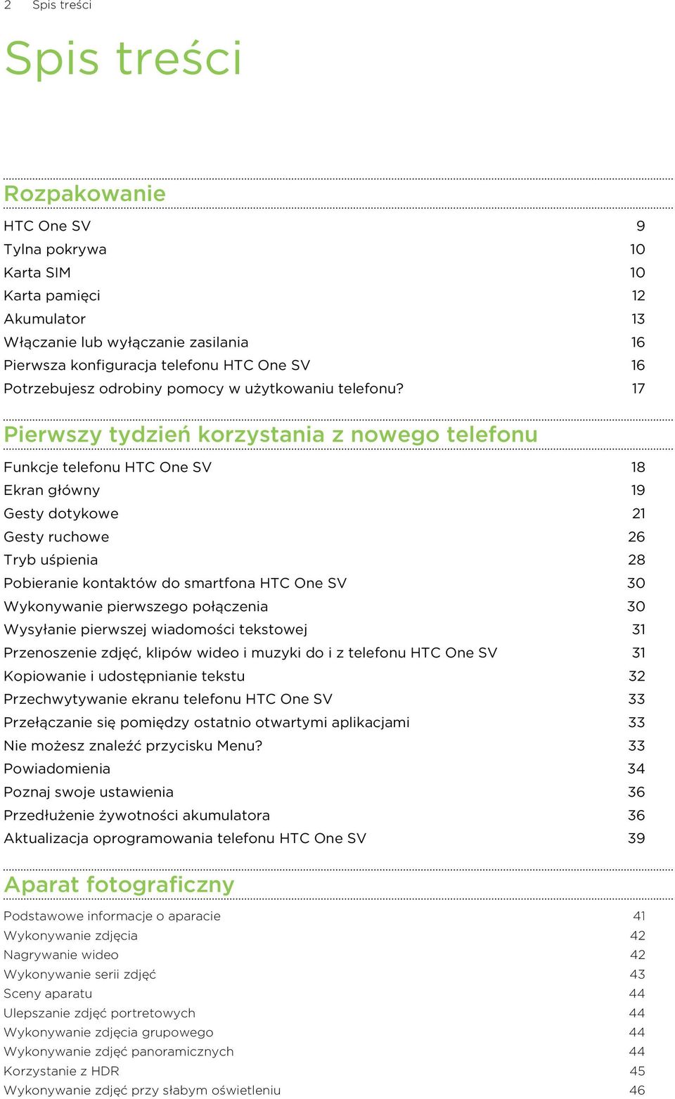 17 Pierwszy tydzień korzystania z nowego telefonu Funkcje telefonu HTC One SV 18 Ekran główny 19 Gesty dotykowe 21 Gesty ruchowe 26 Tryb uśpienia 28 Pobieranie kontaktów do smartfona HTC One SV 30