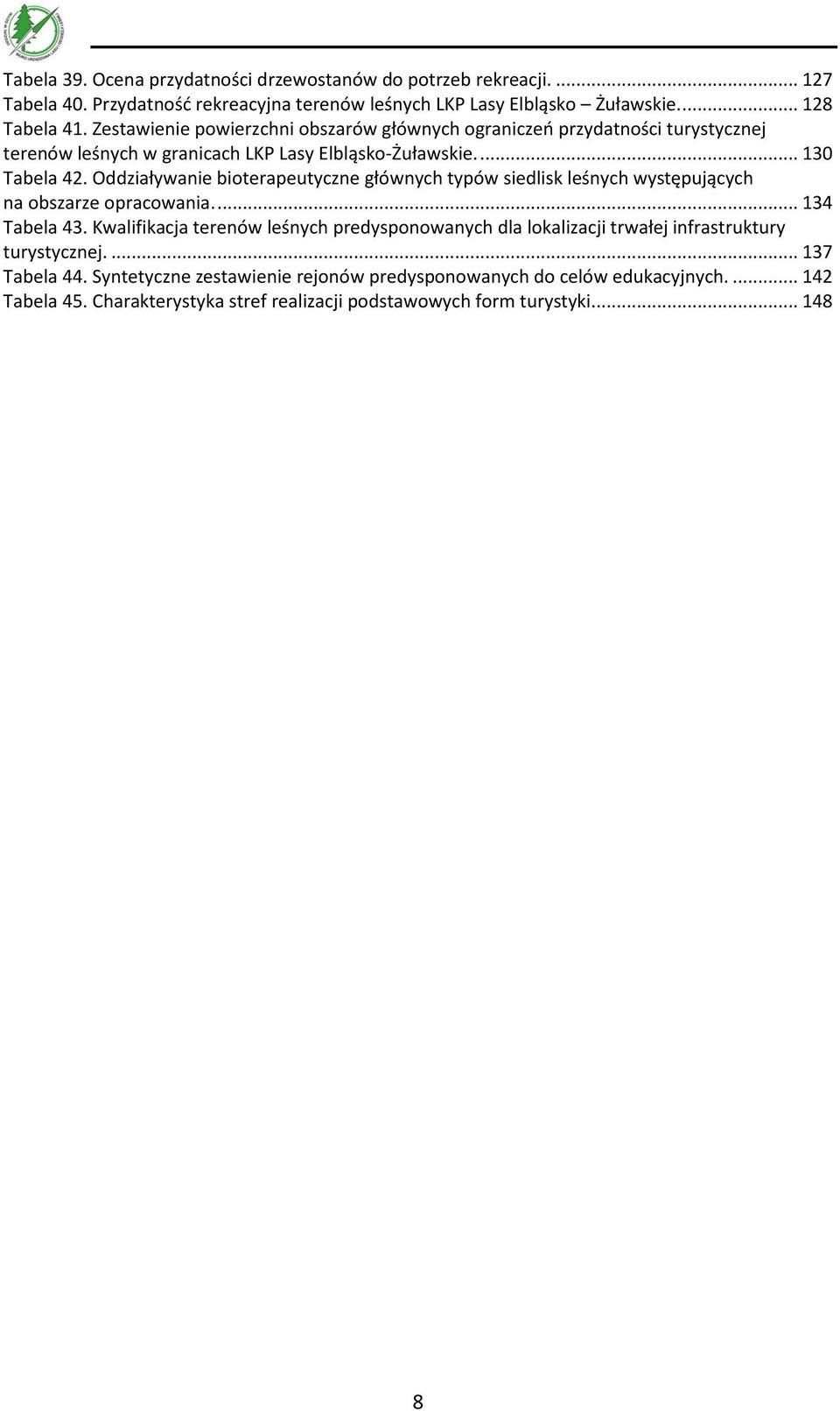 Oddziaływanie bioterapeutyczne głównych typów siedlisk leśnych występujących na obszarze opracowania.... 134 Tabela 43.
