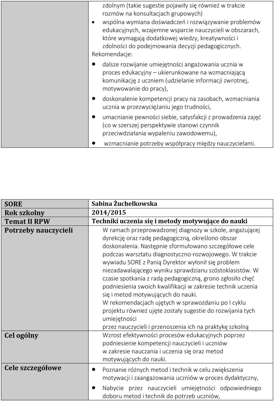Rekomendacje: dalsze rozwijanie umiejętności angażowania ucznia w proces edukacyjny ukierunkowane na wzmacniającą komunikację z uczniem (udzielanie informacji zwrotnej, motywowanie do pracy),
