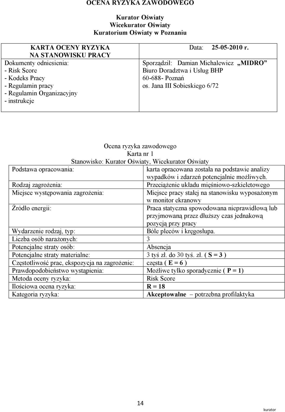 Jana III Sobieskiego 6/72 Ocena ryzyka zawodowego Karta nr 1 Stanowisko: Kurator Oświaty, Wice Oświaty Przeciążenie układu mięśniowo-szkieletowego Miejsce pracy stałej na stanowisku wyposażonym w