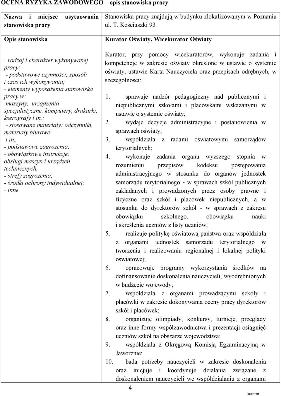 , - podstawowe zagrożenia; - obowiązkowe instrukcje: obsługi maszyn i urządzeń technicznych, - strefy zagrożenia; - środki ochrony indywidualnej; - inne Stanowiska pracy znajdują w budynku