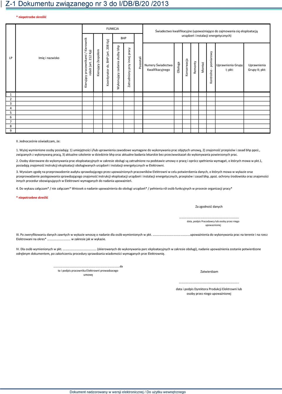 208 Kp) Wykonujący zadania służby bhp Zatrudniony przy innej pracy Pozostali Świadectwo kwalifikacyjne (upoważniające do zajmowania się eksploatacją urządzeń i instalacji energetycznych) Numery