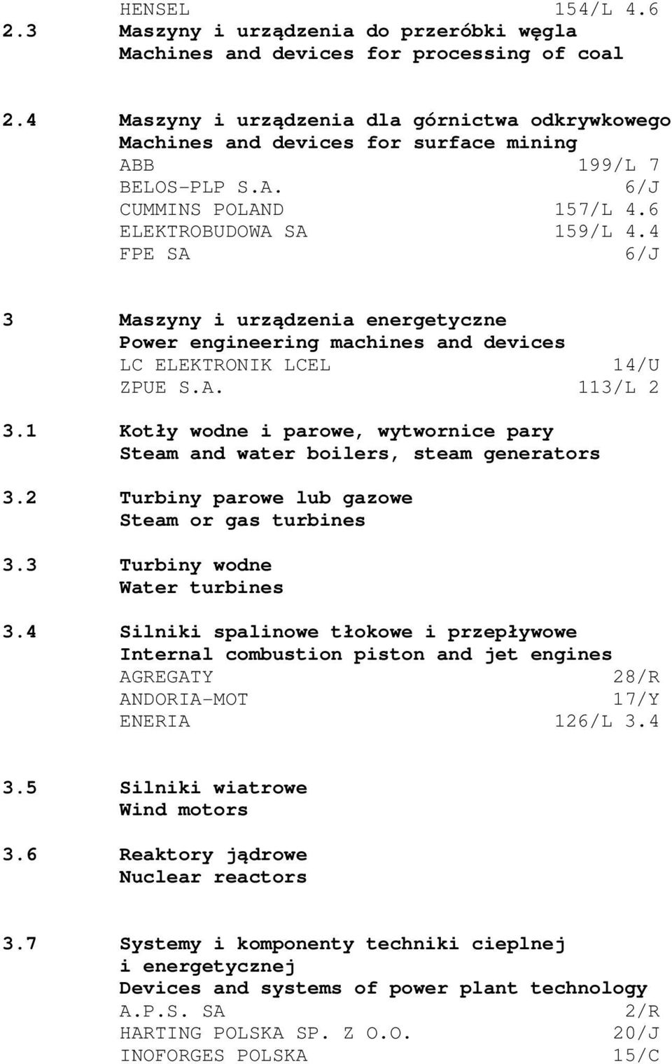 4 FPE SA 6/J 3 Maszyny i urządzenia energetyczne Power engineering machines and devices LC ELEKTRONIK LCEL 14/U ZPUE S.A. 113/L 2 3.