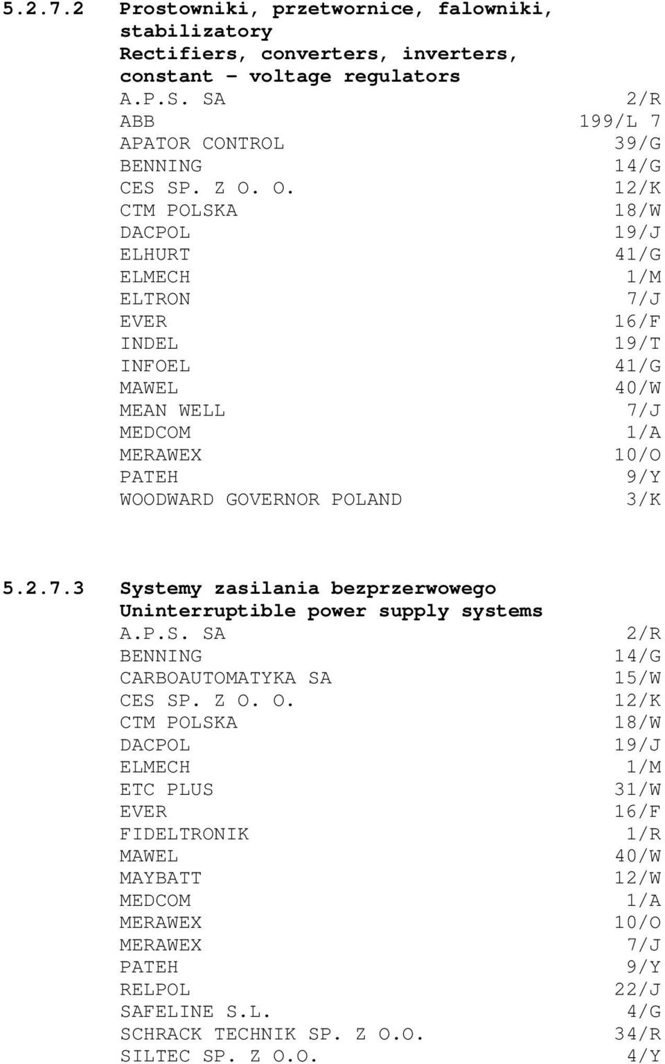3/K 5.2.7.3 Systemy zasilania bezprzerwowego Uninterruptible power supply systems A.P.S. SA 2/R BENNING 14/G CARBOAUTOMATYKA SA 15/W CES SP. Z O.