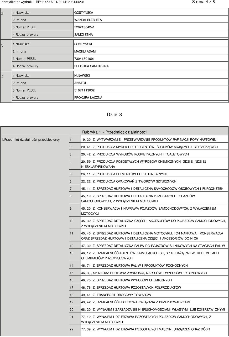 Przedmiot działalności przedsiębiorcy 1 19, 20, Z, WYTWARZANIE I PRZETWARZANIE PRODUKTÓW RAFINACJI ROPY NAFTOWEJ 2 20, 41, Z, PRODUKCJA MYDŁA I DETERGENTÓW, ŚRODKÓW MYJĄCYCH I CZYSZCZĄCYCH 3 20, 42,