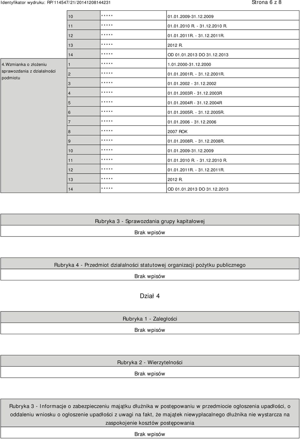 12.2004R 6 ***** 01.01.2005R. - 31.12.2005R. 7 ***** 01.01.2006-31.12.2006 8 ***** 2007 ROK 9 ***** 01.01.2008R. - 31.12.2008R. 10 ***** 01.01.2009-31.12.2009 11 ***** 01.01.2010 R. - 31.12.2010 R. 12 ***** 01.