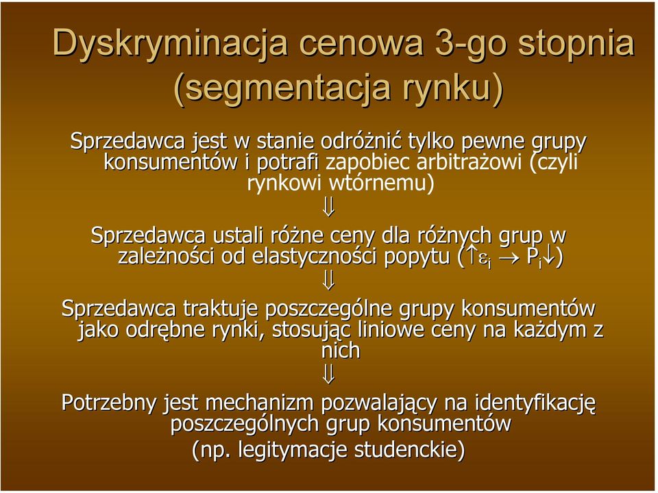 elastyczności ci popytu ( ε( i P i ) Sprzedawca traktuje poszczególne grupy konsumentów jako odrębne rynki, stosując c liniowe