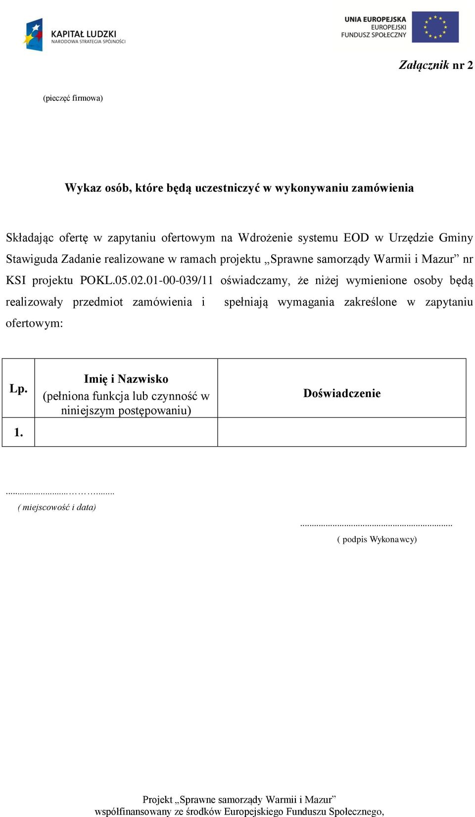 02.01-00-039/11 oświadczamy, że niżej wymienione osoby będą realizowały przedmiot zamówienia i spełniają wymagania zakreślone w zapytaniu