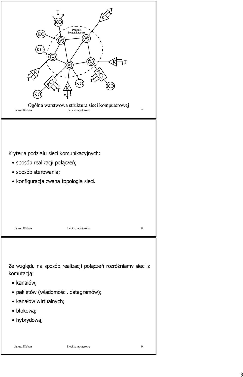 Janusz Kleban Sieci komputerowe 8 Ze względu na sposób realizacji połączeń rozróżniamy sieci z komutacją: