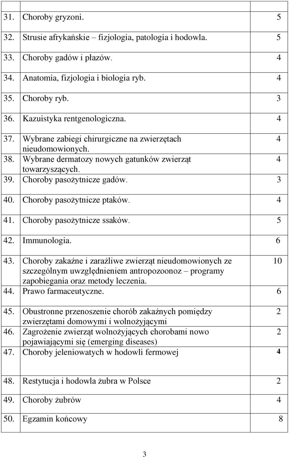 5. Immunologia. 6. Choroby zakaźne i zaraźliwe zwierząt nieudomowionych ze 10 szczególnym uwzględnieniem antropozoonoz programy zapobiegania oraz metody leczenia.. Prawo farmaceutyczne. 6 5.