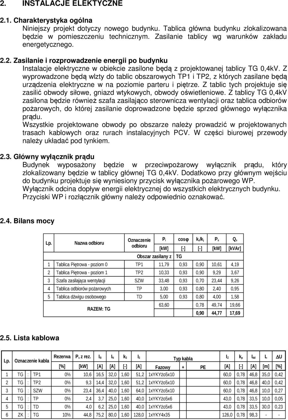 Z wyprowadzone będą wlzty do tablic obszarowych TP1 i TP2, z których zasilane będą urządzenia elektryczne w na poziomie parteru i piętrze.