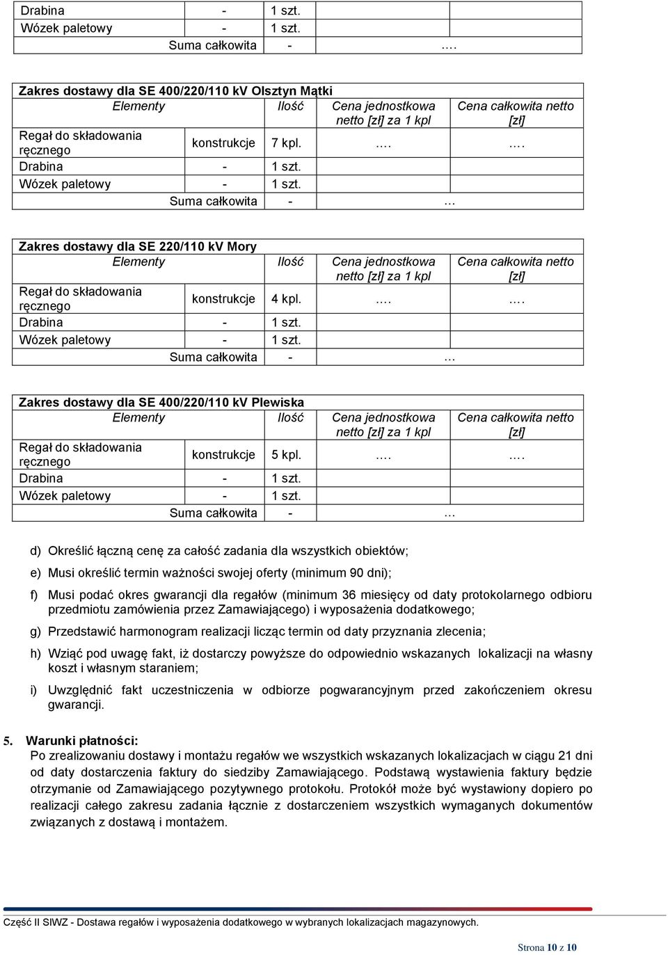 Suma całkowita - Zakres dostawy dla SE 220/110 kv Mory Elementy Ilość Cena jednostkowa netto [zł] za 1 kpl ręcznego Cena całkowita netto [zł] konstrukcje 4 kpl... Drabina - 1 szt.