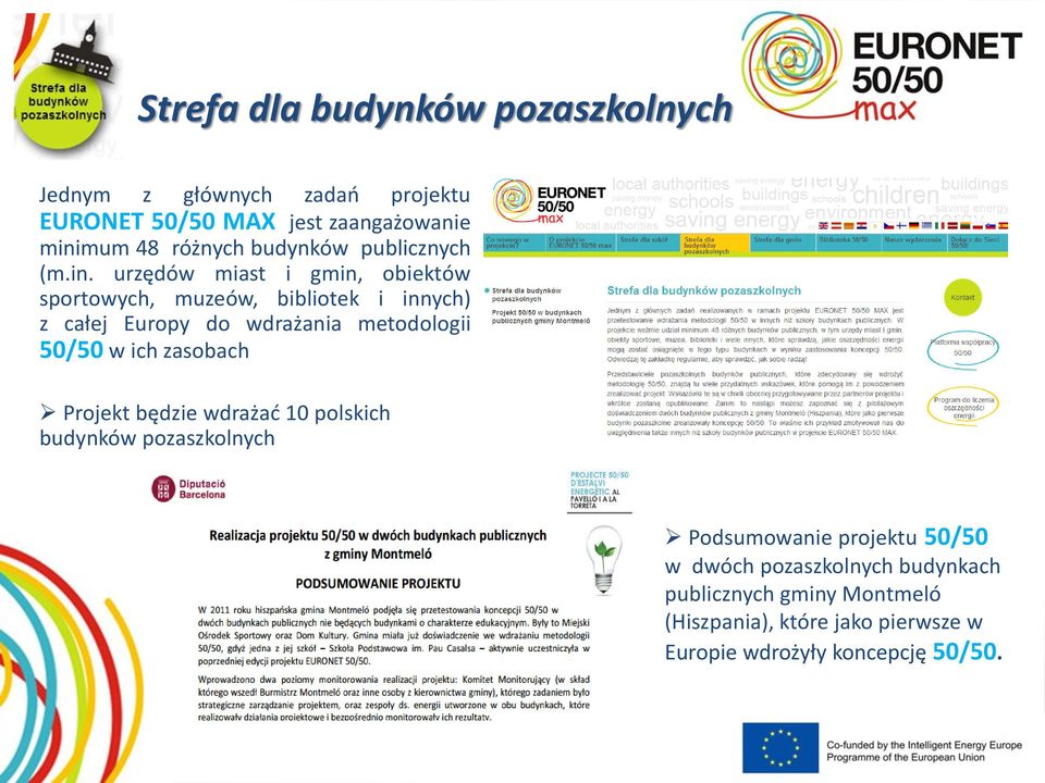 urzędów miast i gmin, obiektów sportowych, muzeów, bibliotek i innych) z całej Europy do wdrażania metodologii 50/50 w ich