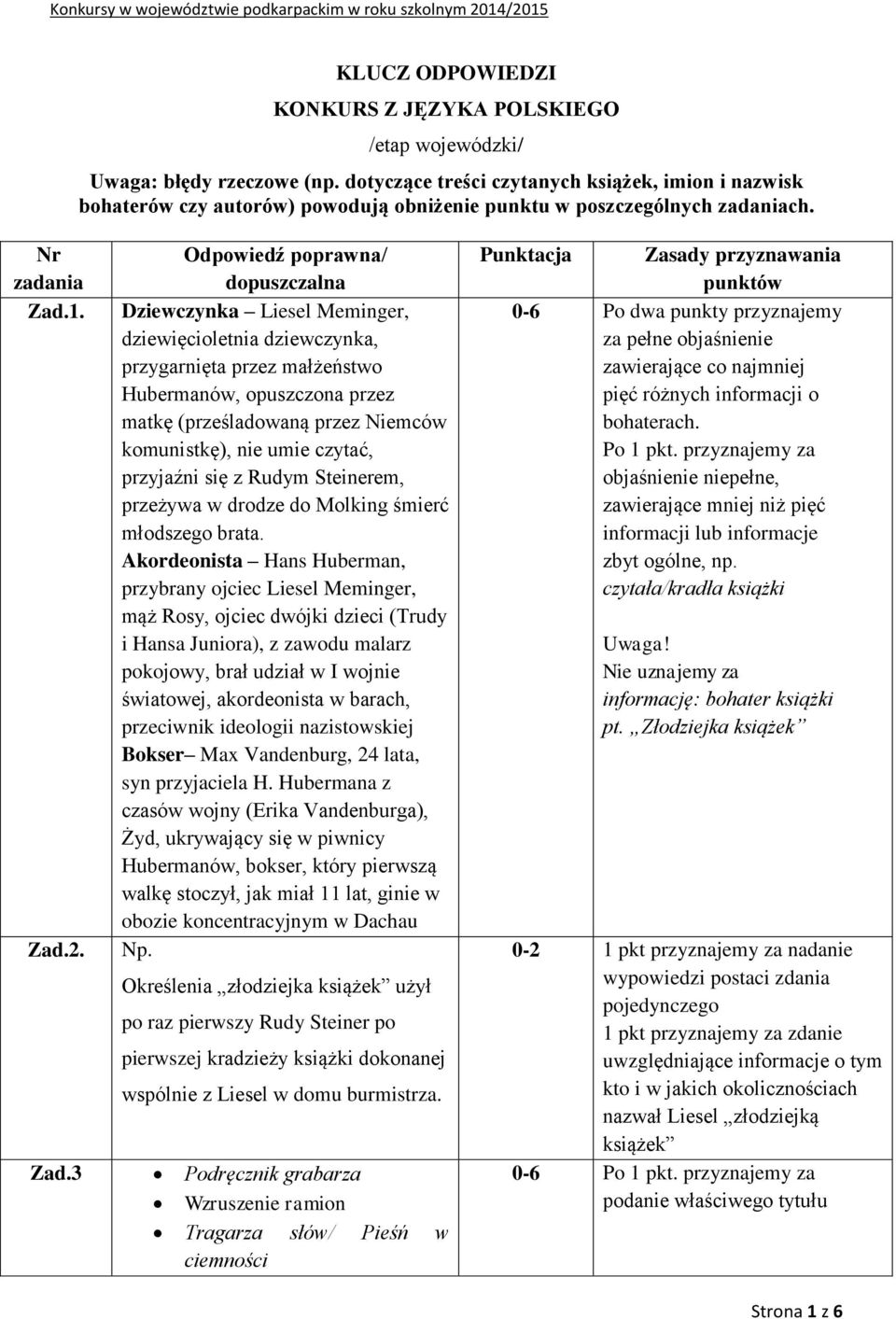 Odpowiedź poprawna/ dopuszczalna Dziewczynka Liesel Meminger, dziewięcioletnia dziewczynka, przygarnięta przez małżeństwo Hubermanów, opuszczona przez matkę (prześladowaną przez Niemców komunistkę),