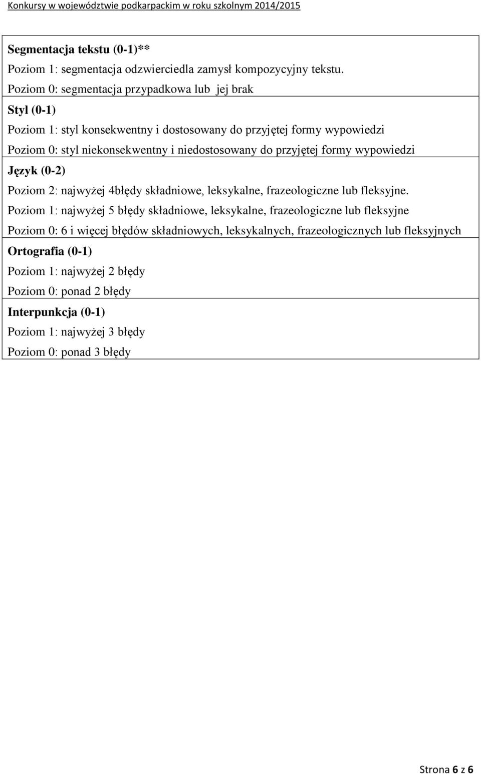 do przyjętej formy wypowiedzi Język (0-2) Poziom 2: najwyżej 4błędy składniowe, leksykalne, frazeologiczne lub fleksyjne.