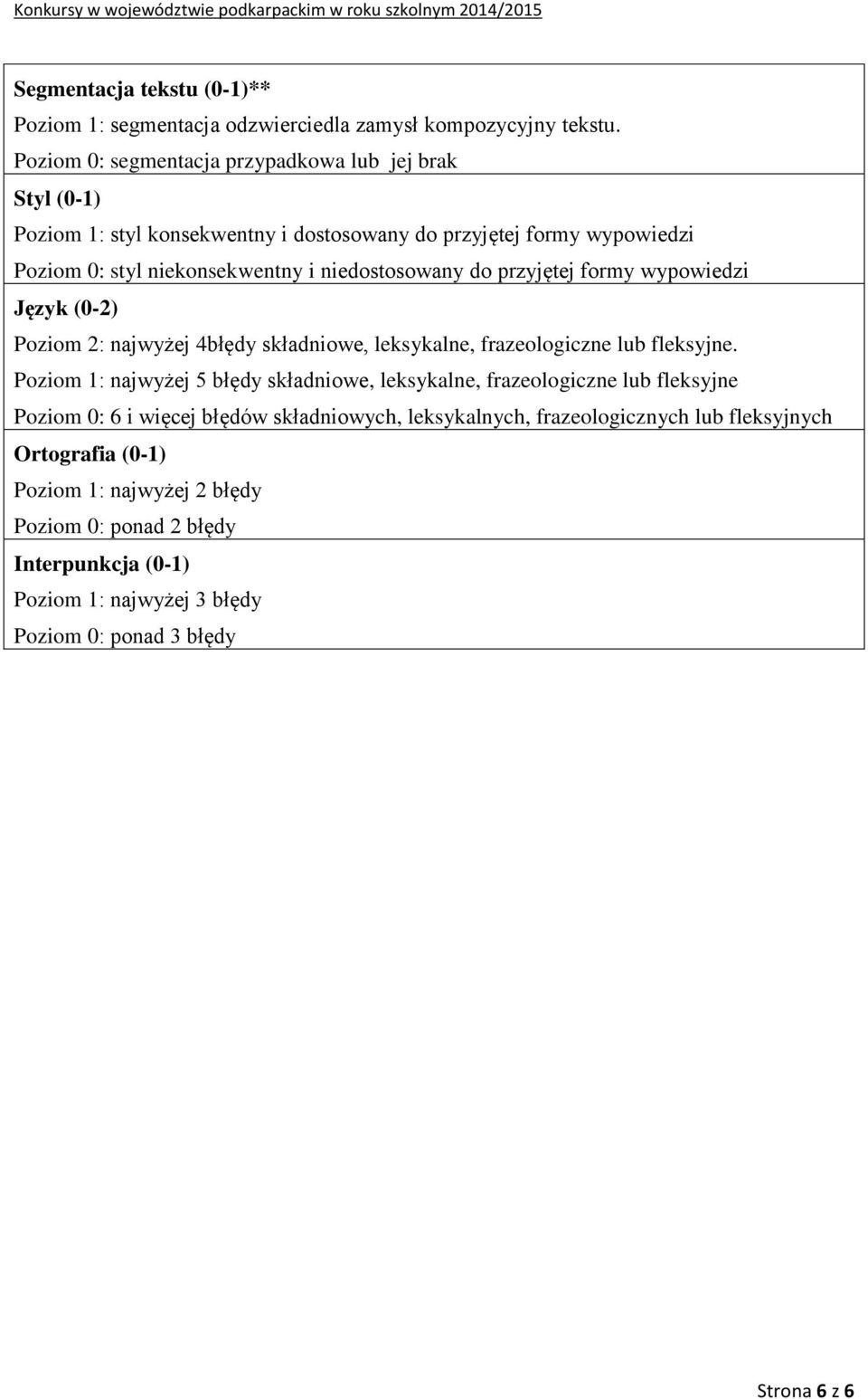 do przyjętej formy wypowiedzi Język (0-2) Poziom 2: najwyżej 4błędy składniowe, leksykalne, frazeologiczne lub fleksyjne.