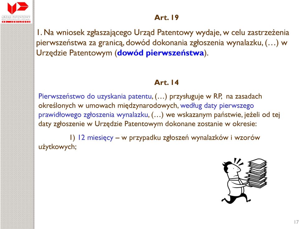 w Urzędzie Patentowym (dowód pierwszeństwa). Art.