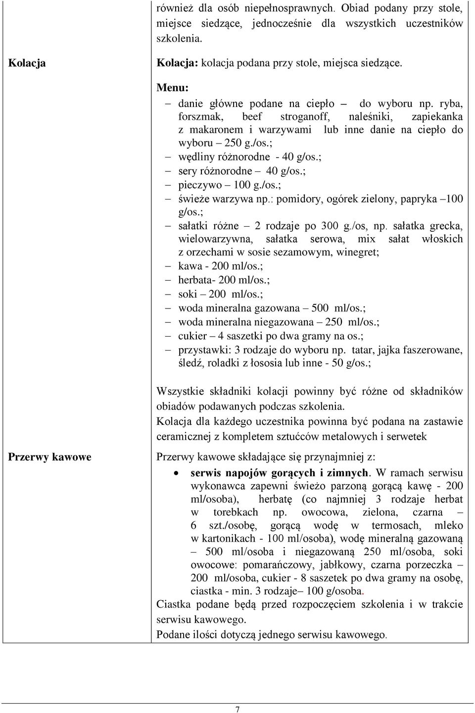 ; wędliny różnorodne - 40 g/os.; sery różnorodne 40 g/os.; pieczywo 100 g./os.; świeże warzywa np.: pomidory, ogórek zielony, papryka 100 g/os.; sałatki różne 2 rodzaje po 300 g./os, np.