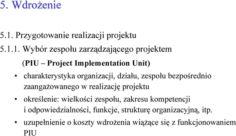 1. Wybór zespołu zarządzającego projektem (PIU Project Implementation Unit) charakterystyka