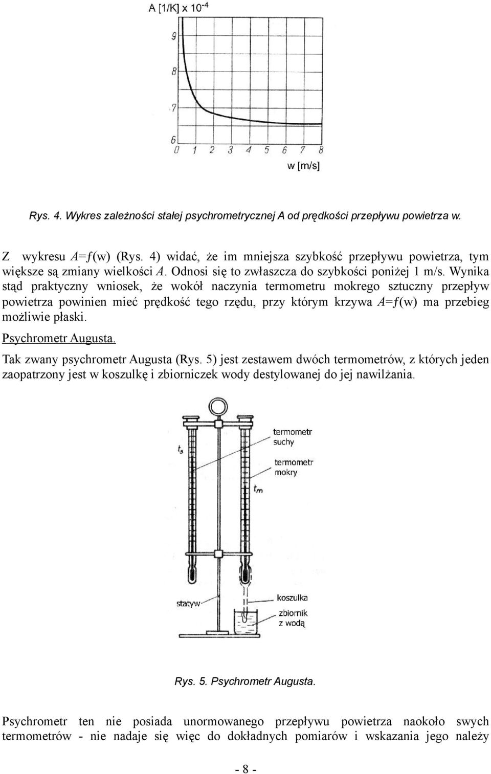 Wynika stąd raktyczny wniosek, że wokół naczynia termometru mokrego sztuczny rzeływ owietrza owinien mieć rędkość tego rzędu, rzy którym krzywa A=ƒ(w) ma rzebieg możliwie łaski. Psychrometr Augusta.